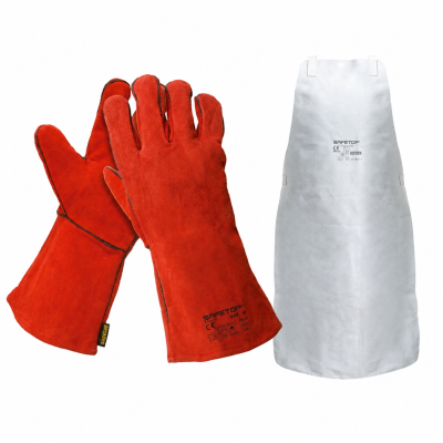 Conjunto de proteção com luvas de couro vermelhas e avental branco SAFETOP