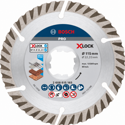 Disco de serra circular Bosch Pro XLOCK 115 mm com dentes revestidos e etiqueta com ícones de segurança