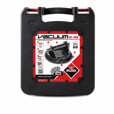 Mala preta de plástico com pega vermelha contendo ferramenta de vácuo profissional RUBI SC-200