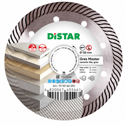 Disco de corte diamantado prateado com borda preta e etiquetas da marca DISTAR