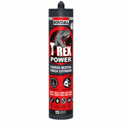 Tubo cilíndrico com adesivo preto e vermelho com texto T-REX POWER e marca SOUDAL