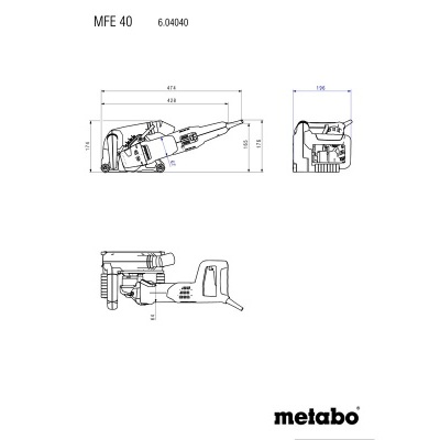 Desenho técnico de ferramenta elétrica Metabo MFE 40 com dimensões