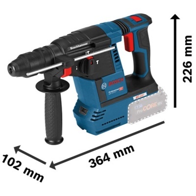 Martelo perfurador Bosch azul e preto com detalhes vermelhos e empunhadura lateral preta.