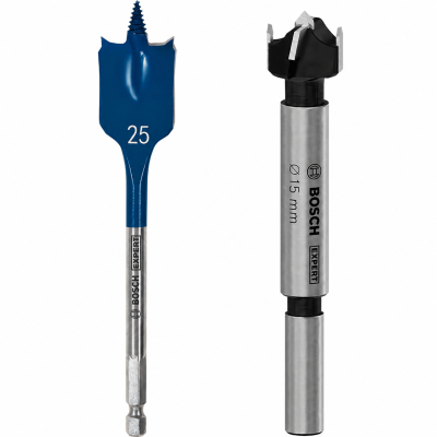 Brocas para madeira BOSCH azul e inoxidável com texto e fundo branco