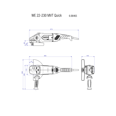 Desenho técnico de ferramenta elétrica rotativa WE 22-230 MVT Quick com medidas.
