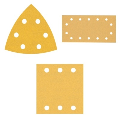 Folhas para lixar amarelas com furos variados em fundo branco
