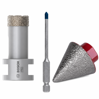 Kit de ferramentas com broca diamantada, haste metálica e ferramenta cónica no fundo branco