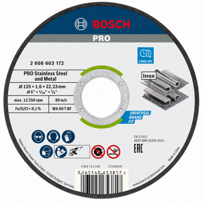 Disco de corte Bosch PRO para aço inoxidável e metal com instruções e código de barras