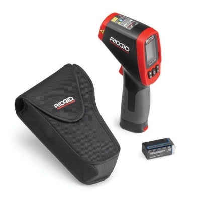 Termómetro infravermelho RIDGID preto e vermelho com capa preta e bateria
