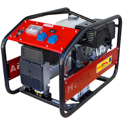 Gerador elétrico portátil com painel vermelho e estrutura metálica preta