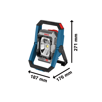Lanterna BOSCH Professional cinza, preto e azul com lente refletora e dimensões indicadas
