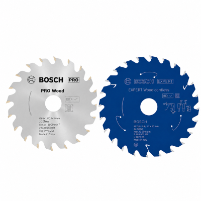 Lâminas circulares para serra Bosch PRO e EXPERT, uma prateada e outra azul, com dentes metálicos.