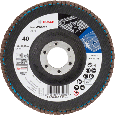 Disco abrasivo Bosch para metal, grão 40, 125 mm, com etiqueta branca e detalhes azuis