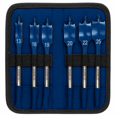 Conjunto de brocas tipo espátula azuis em bolsa azul e preta, com marcas de tamanho e texto BOSCH