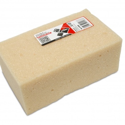 Esponja quadrada bege com etiqueta adesiva