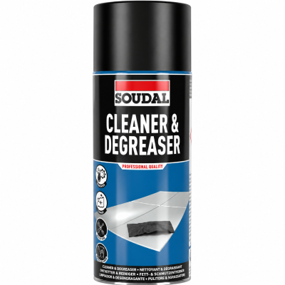 Lata spray Soudal Cleaner & Degreaser preta e azul com texto e imagens