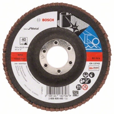 Disco de lixa abrasiva Bosch para metal com etiqueta colorida e informações técnicas