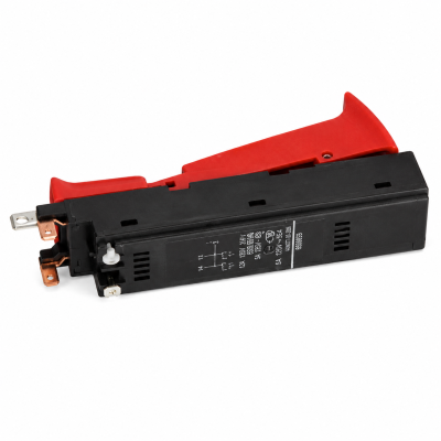 Interruptor elétrico preto e vermelho com terminais metálicos