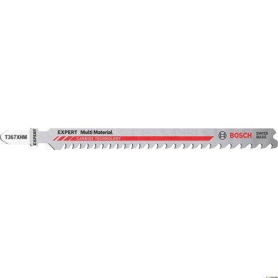 Lâmina de serra de vaivém cinzenta Bosch com texto e dentes afiados.
