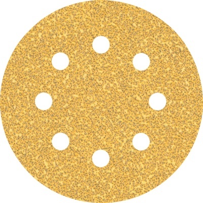 Disco abrasivo amarelo com oito furos circulares.