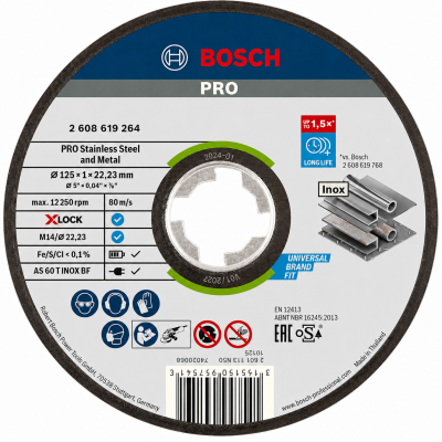 Disco de corte Bosch PRO inox e metal com especificações técnicas e símbolos de segurança.