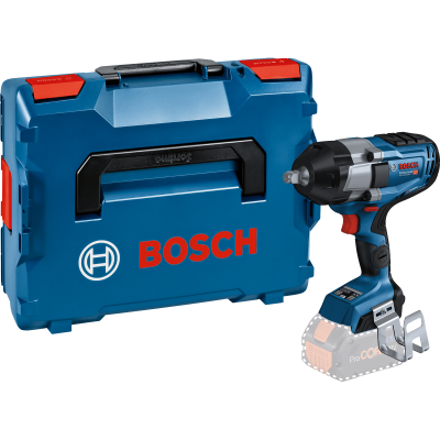 Parafusadora de impacto Bosch azul e preta com mala de transporte azul.