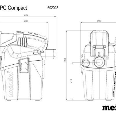 Desenho técnico recipiente Metabo AS 18 L PC Compact com medidas