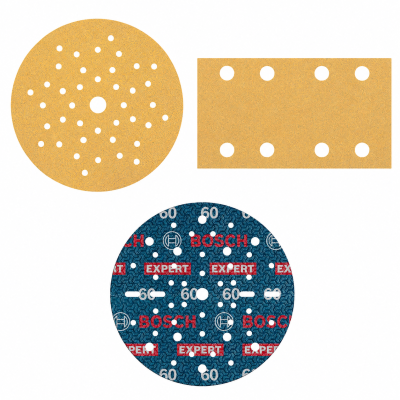 Três discos abrasivos para lixagem, um azul com texto BOSCH EXPERT 60 e dois amarelos com furos.