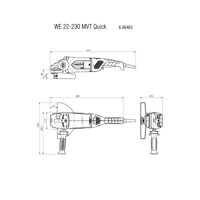 Desenho técnico da ferramenta elétrica WE 22-230 MVT Quick com medidas em milímetros