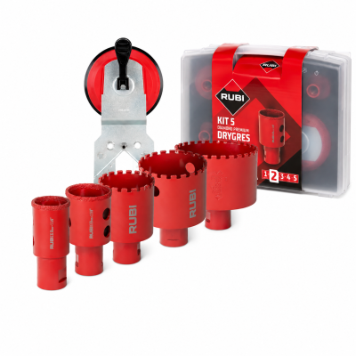 Conjunto RUBI Kit 5 Diamond Premium Drygres com coroas de diamante vermelhas e ventosa metálica