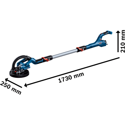 Lixadora giratória Bosch Professional azul e preto com haste telescópica e dimensões indicadas.