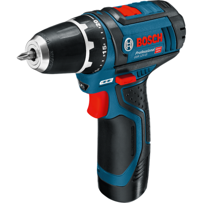 Parafusadeira elétrica BOSCH azul, preta e vermelha com texto Professional GSR 12V-15