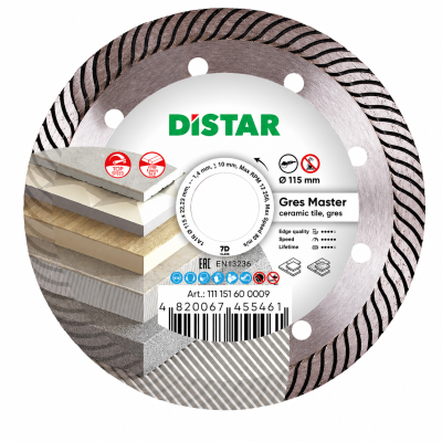 Disco de corte para cerâmica e gres da marca DISTAR com detalhes técnicos e gráficos