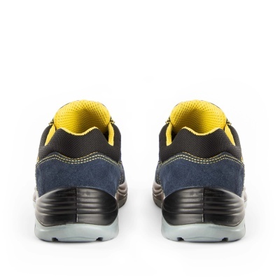 Sapatilhas desportivas vista traseira, amarelo, preto e azul.