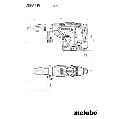 Desenho técnico da ferramenta elétrica Metabo MHEV 5 BL com medições