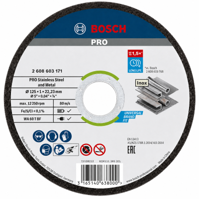 Disco de corte Bosch PRO para aço inoxidável e metal com rótulo detalhado e código de barras