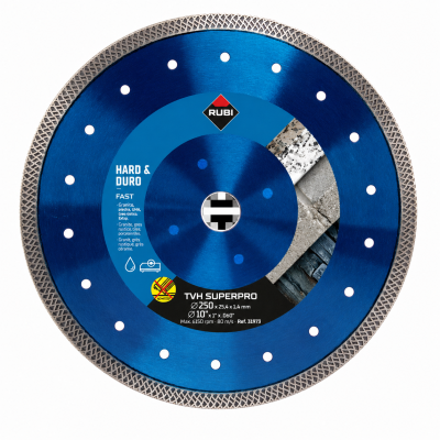 Disco de corte azul metálico com borda diamantada prateada e etiqueta central
