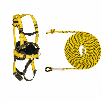 Conjunto de colete de segurança amarelo e preto com corda amarela enrollada