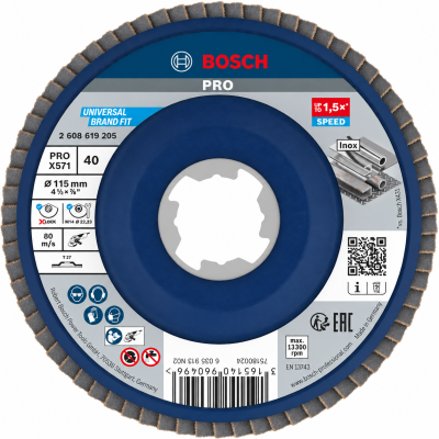 Disco de rebolo Bosch Pro azul e cinza para corte inox com texto e instruções de uso