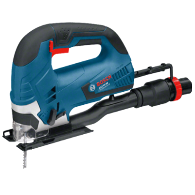 Máquina de cortar Bosch GST 90 BE azul e preta com lâmina e tubo para aspiração