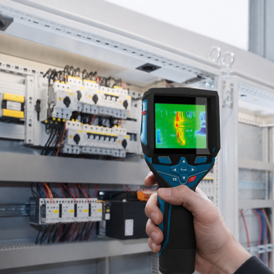 Mão a segurar câmara termográfica Bosch a mostrar imagem térmica de quadro elétrico
