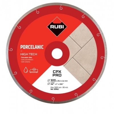 Disco de corte RUBI para porcelanato com design vermelho, branco e bege