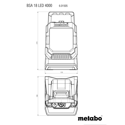 Desenho técnico em preto e branco do projetor de luz Metabo BSA 18 LED 4000 com dimensões.