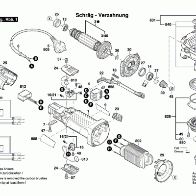 Diagrama técnico de ferramenta elétrica com peças numeradas e texto em alemão