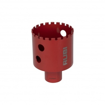 ferramenta de corte circular vermelha em metal com orifícios e texto RUBI