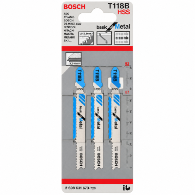 Conjunto de lâminas de serra Bosch T118B para metal embalada em suporte cinzento e branco