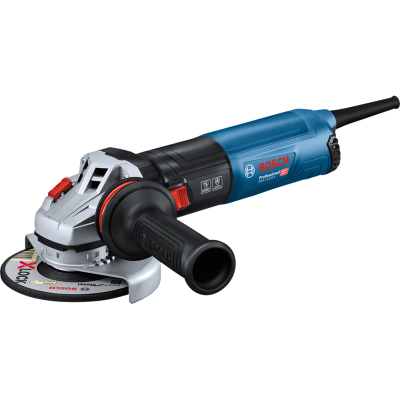 Esmerilhadora angular Bosch Professional azul e preta com punho lateral preto e disco de corte