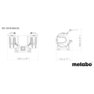 Desenho técnico de máquina Metabo com dimensões