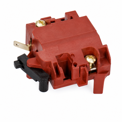 Componente elétrico vermelho com peças metálicas douradas e preto
