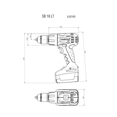 Desenho técnico de um berbequim aparafusador SB 18 LT com medidas em milímetros